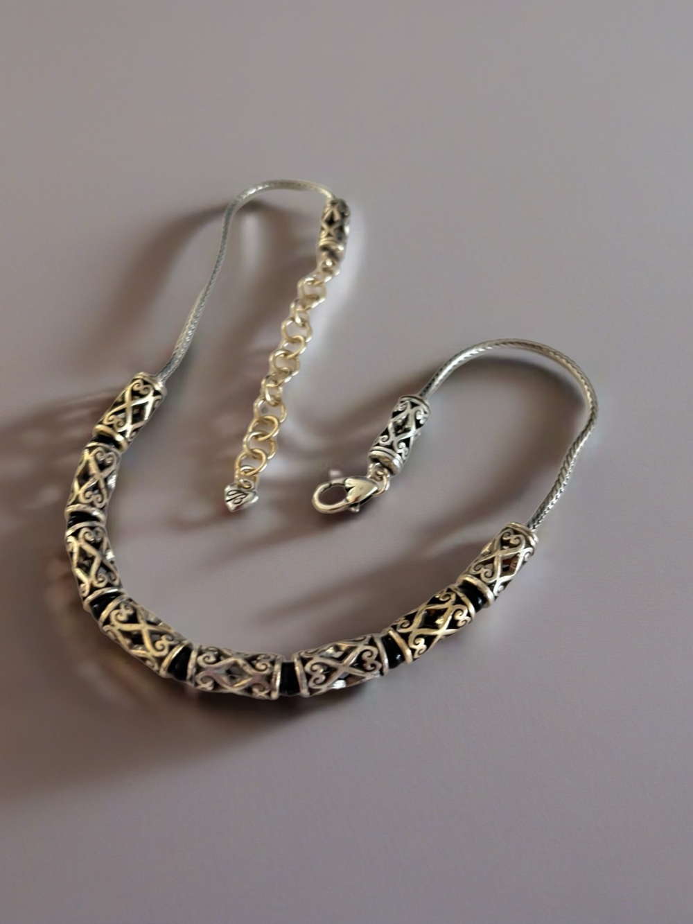 Brighton two-tone silver and gold-plated filigree floating barrel bead necklace